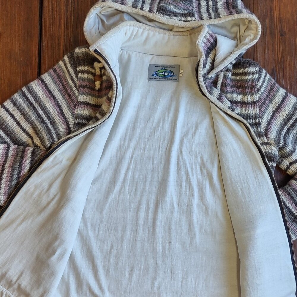 Laundromat Nepal 100% Wool Striped Hooded Sweater Jacket Full Zip Women Medium - Picture 10 of 12